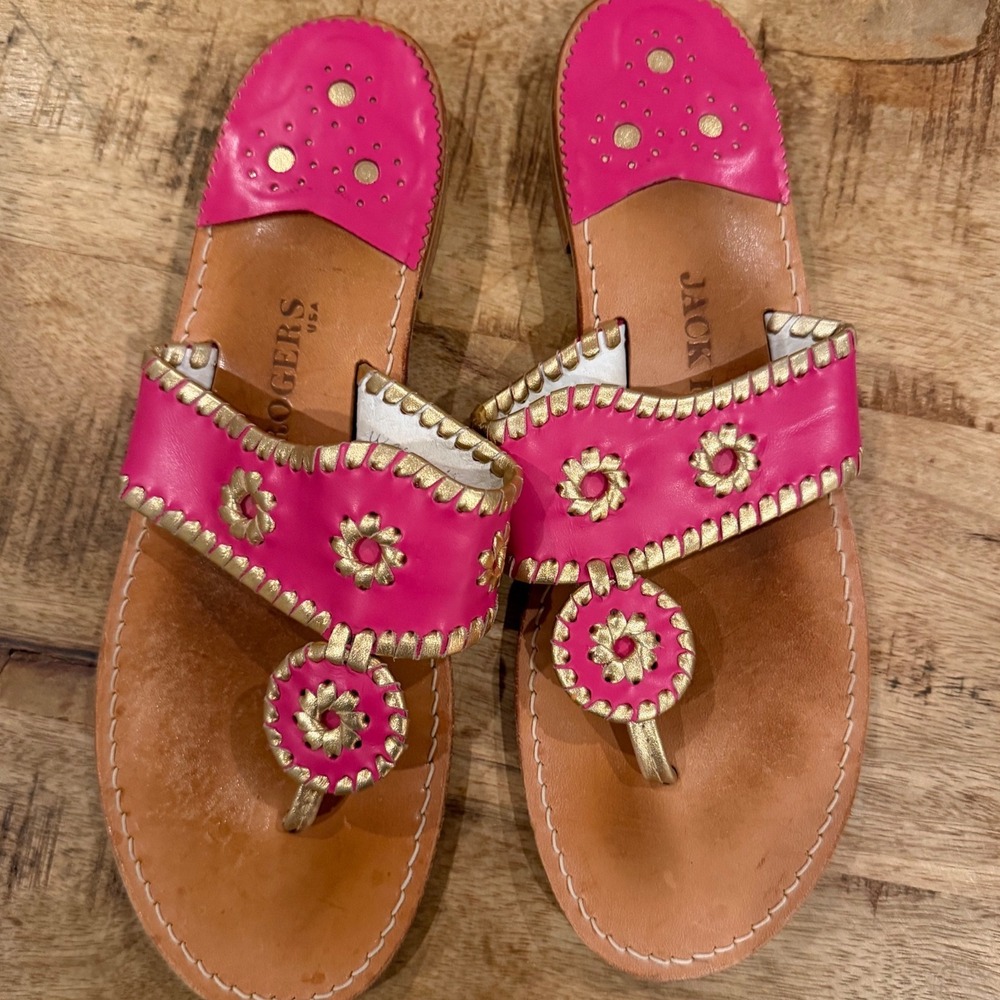 Jack Rogers Jacks Flat Sandals Pink Gold Whipstitch Leather Thong Slides Size 10